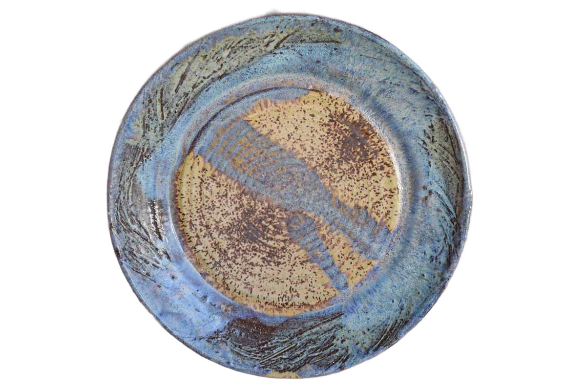 Old Stoneware Plate with Purple and Speckled Tan Glazes