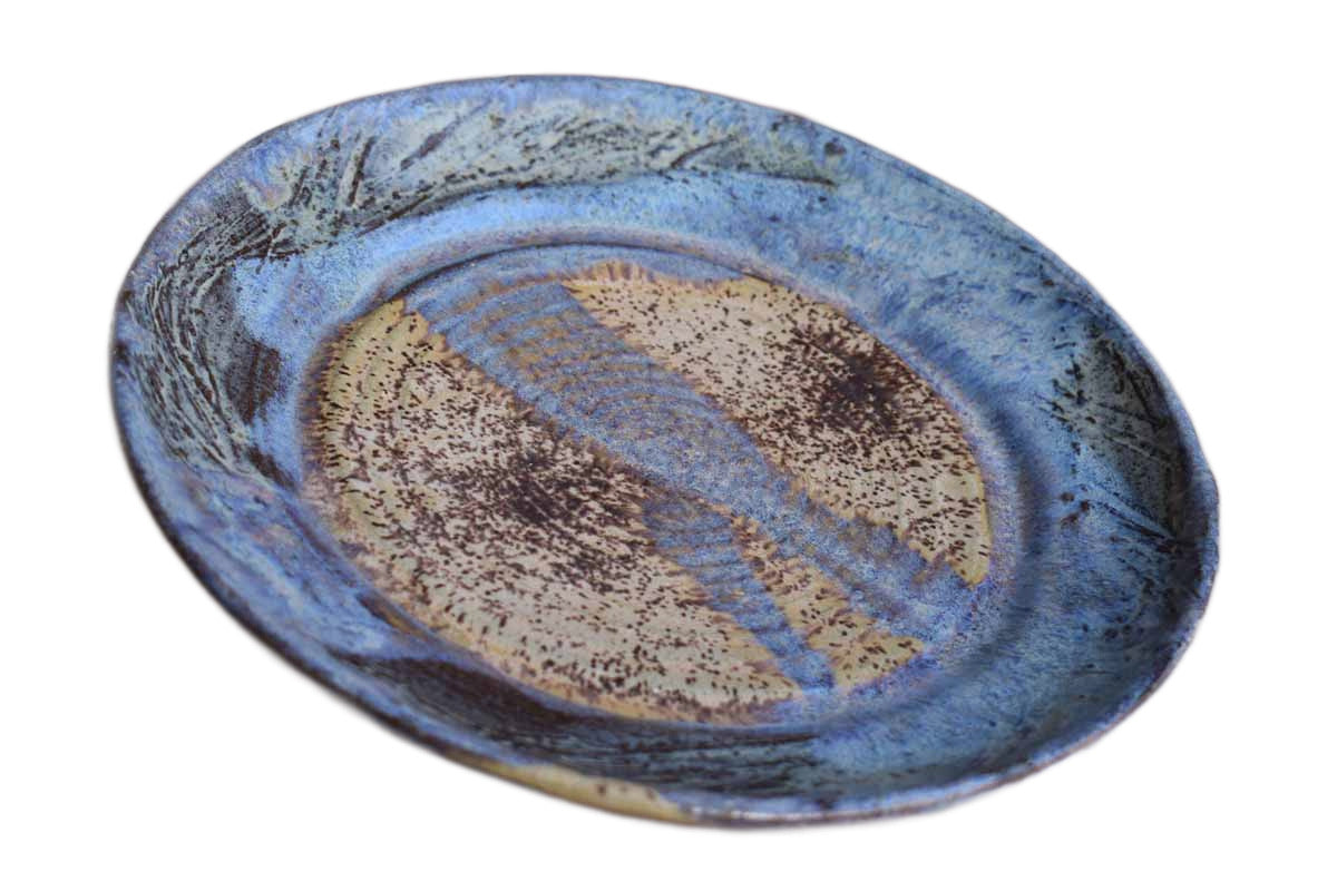 Old Stoneware Plate with Purple and Speckled Tan Glazes