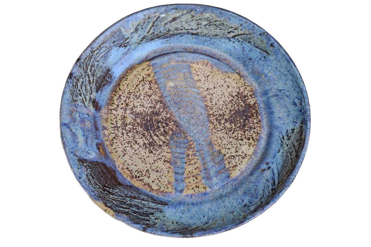 Old Stoneware Plate with Purple and Speckled Tan Glazes