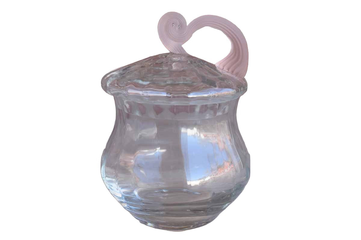 Little Paneled Glass Candy Jar with Frosted Pink Handle on Lid