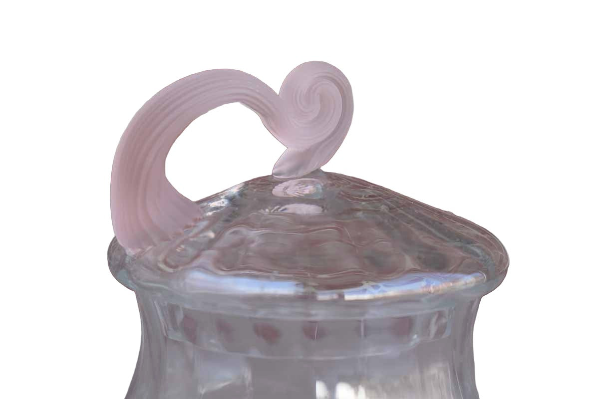 Little Paneled Glass Candy Jar with Frosted Pink Handle on Lid
