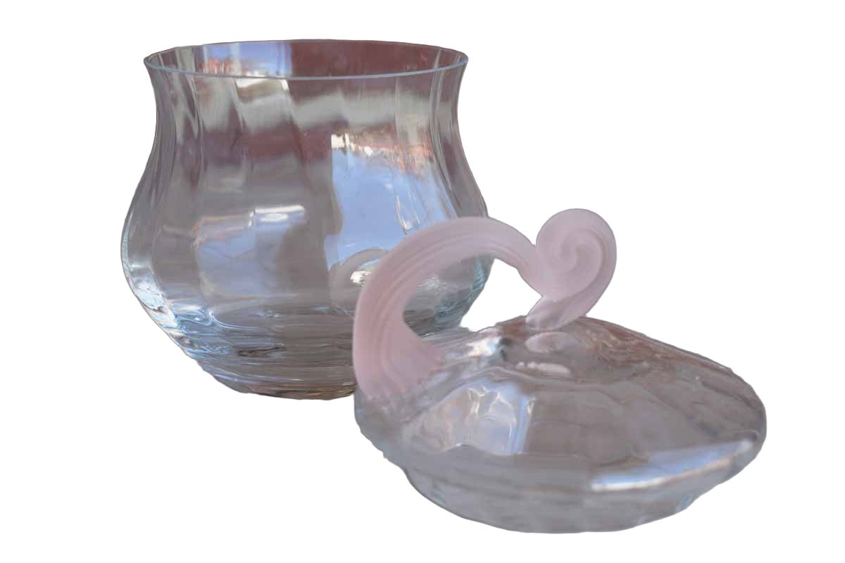Little Paneled Glass Candy Jar with Frosted Pink Handle on Lid