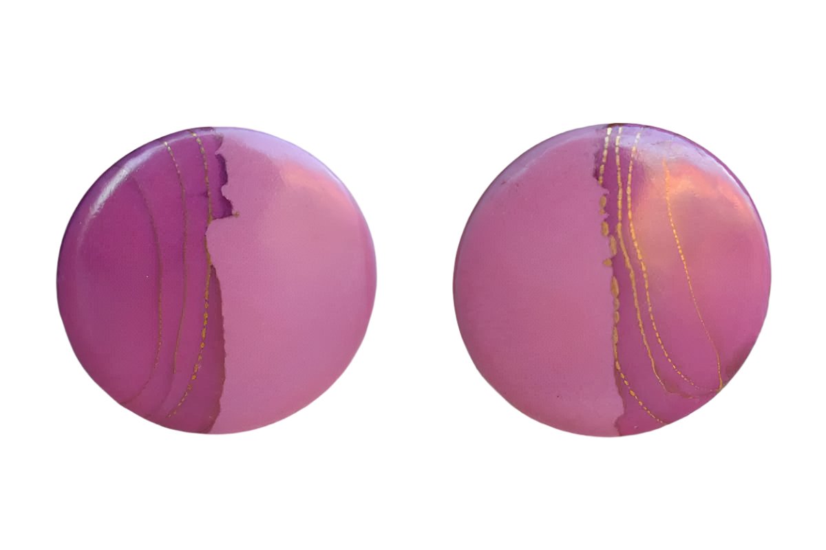 Round Porcelain Pierced Earrings with Pink, Mauve and Gold Designs