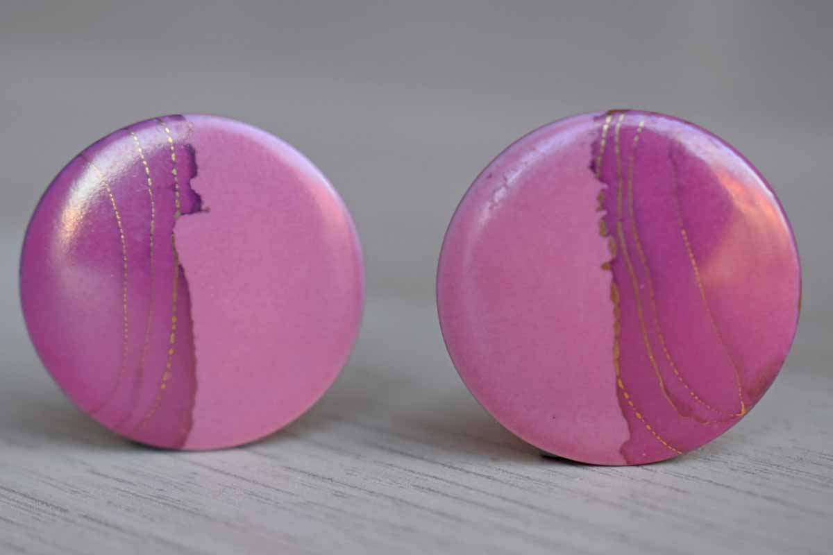 Round Porcelain Pierced Earrings with Pink, Mauve and Gold Designs