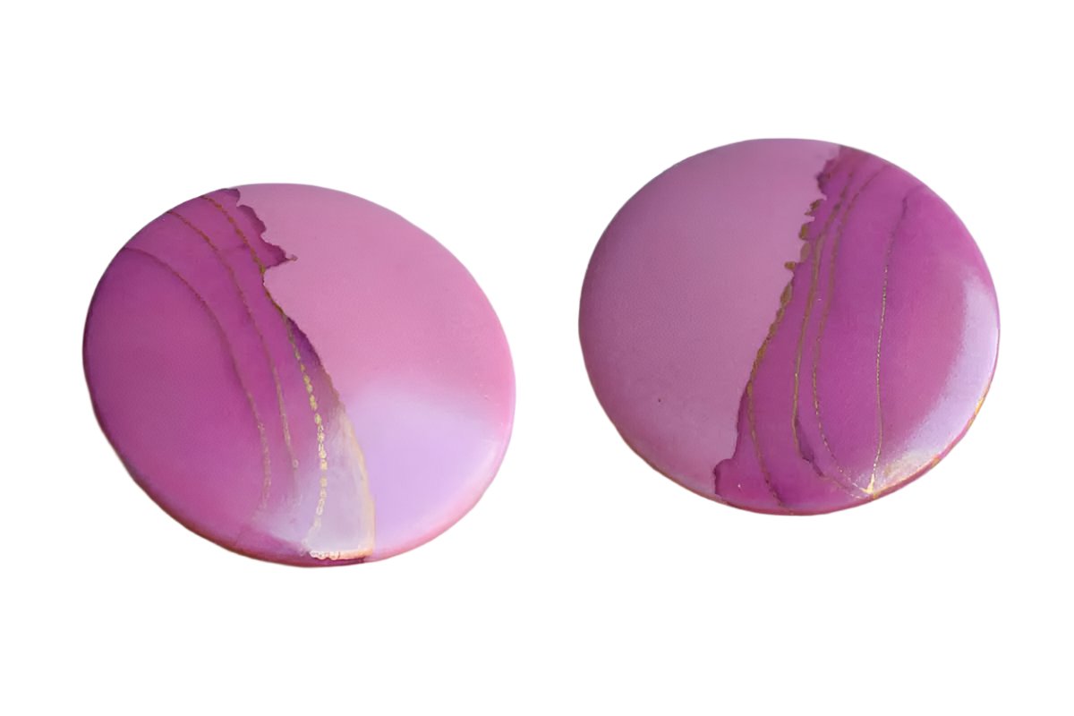 Round Porcelain Pierced Earrings with Pink, Mauve and Gold Designs
