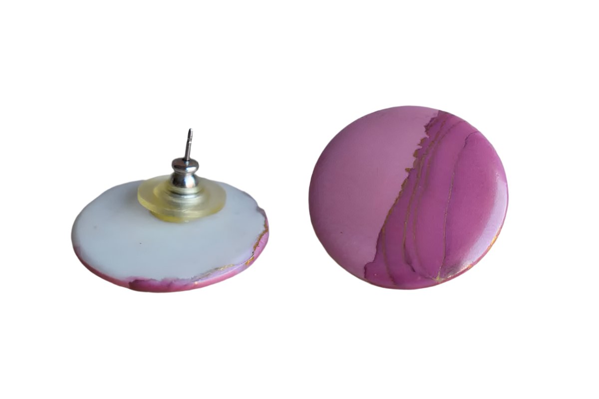 Round Porcelain Pierced Earrings with Pink, Mauve and Gold Designs