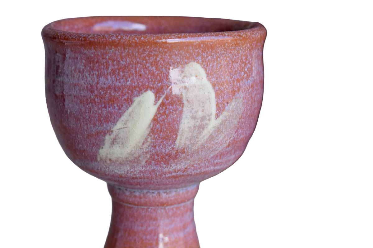 Pink Stoneware Decanter and Pair of Goblets