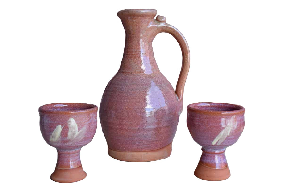 Pink Stoneware Decanter and Pair of Goblets