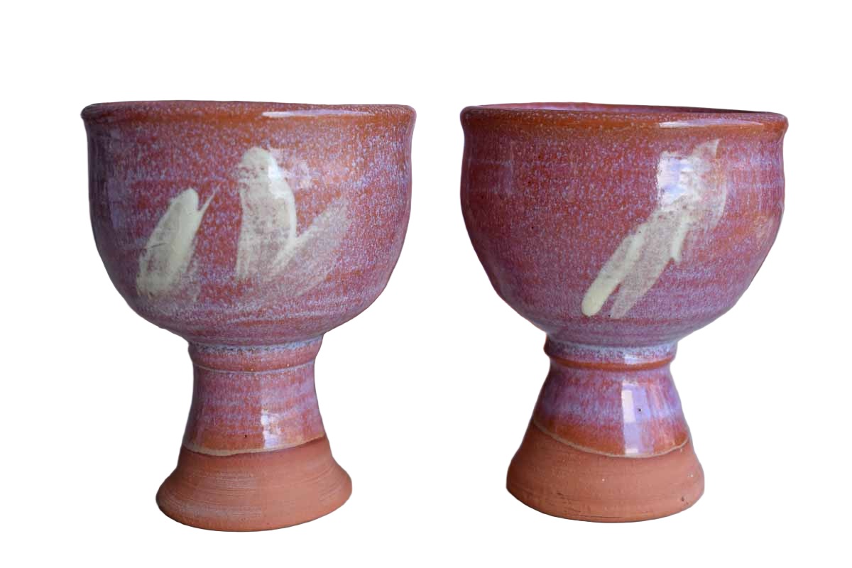 Pink Stoneware Decanter and Pair of Goblets