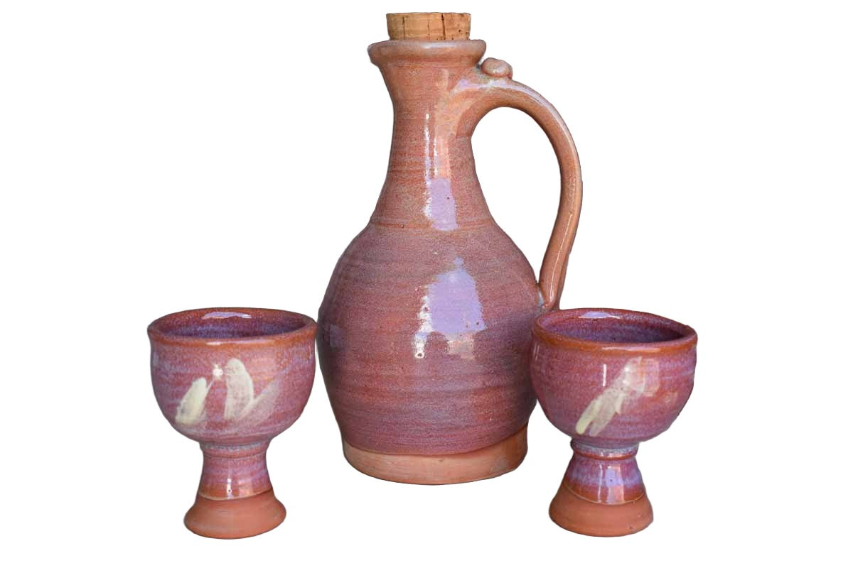 Pink Stoneware Decanter and Pair of Goblets