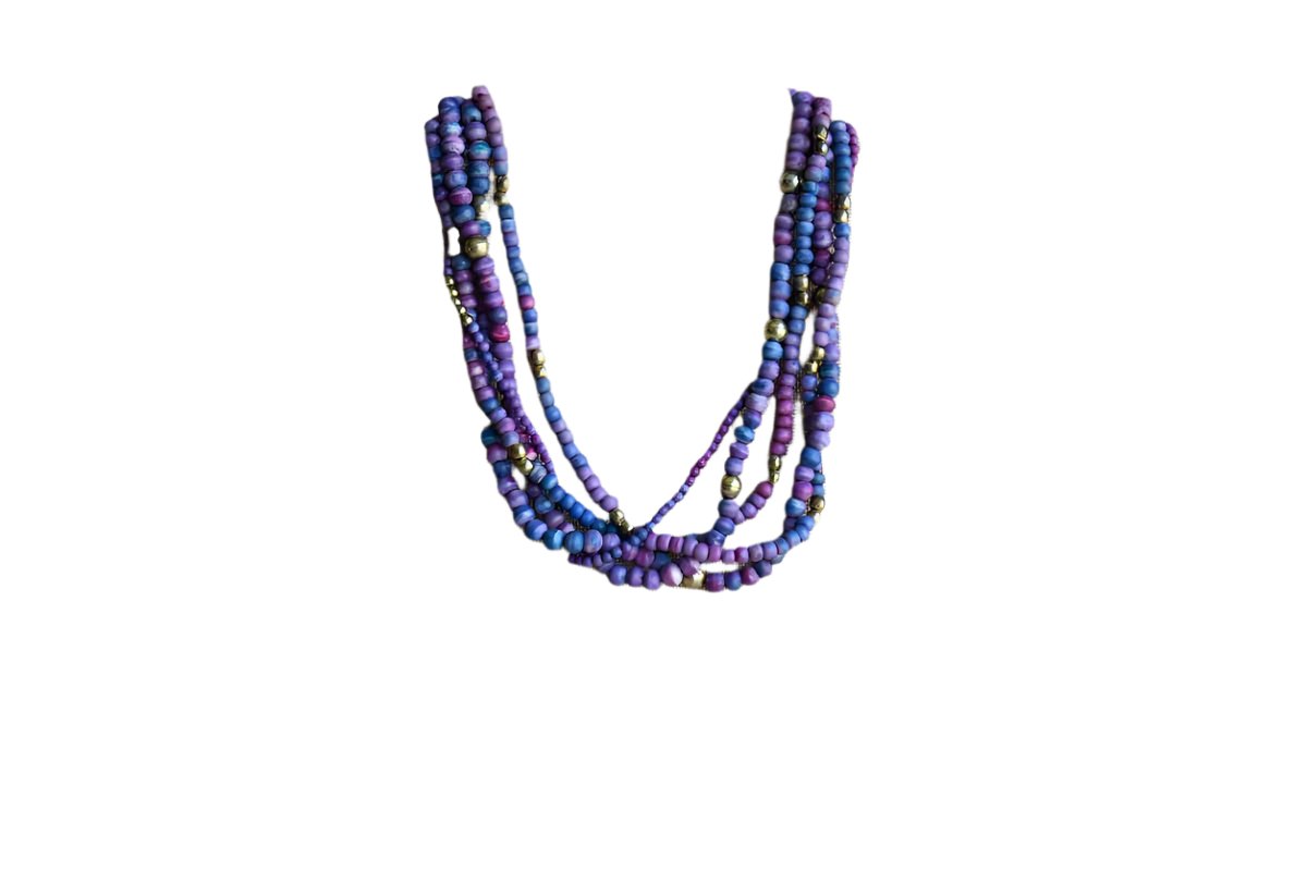 Multi-Strand Purple and Blue Wood and Gold Bead Necklace