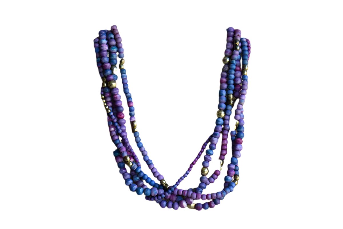 Multi-Strand Purple and Blue Wood and Gold Bead Necklace