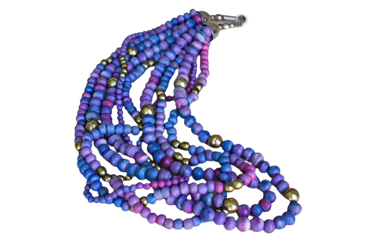 Multi-Strand Purple and Blue Wood and Gold Bead Necklace