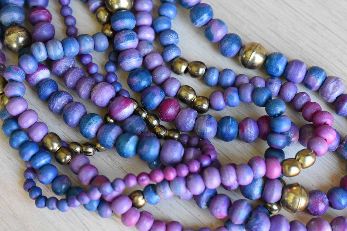 Multi-Strand Purple and Blue Wood and Gold Bead Necklace