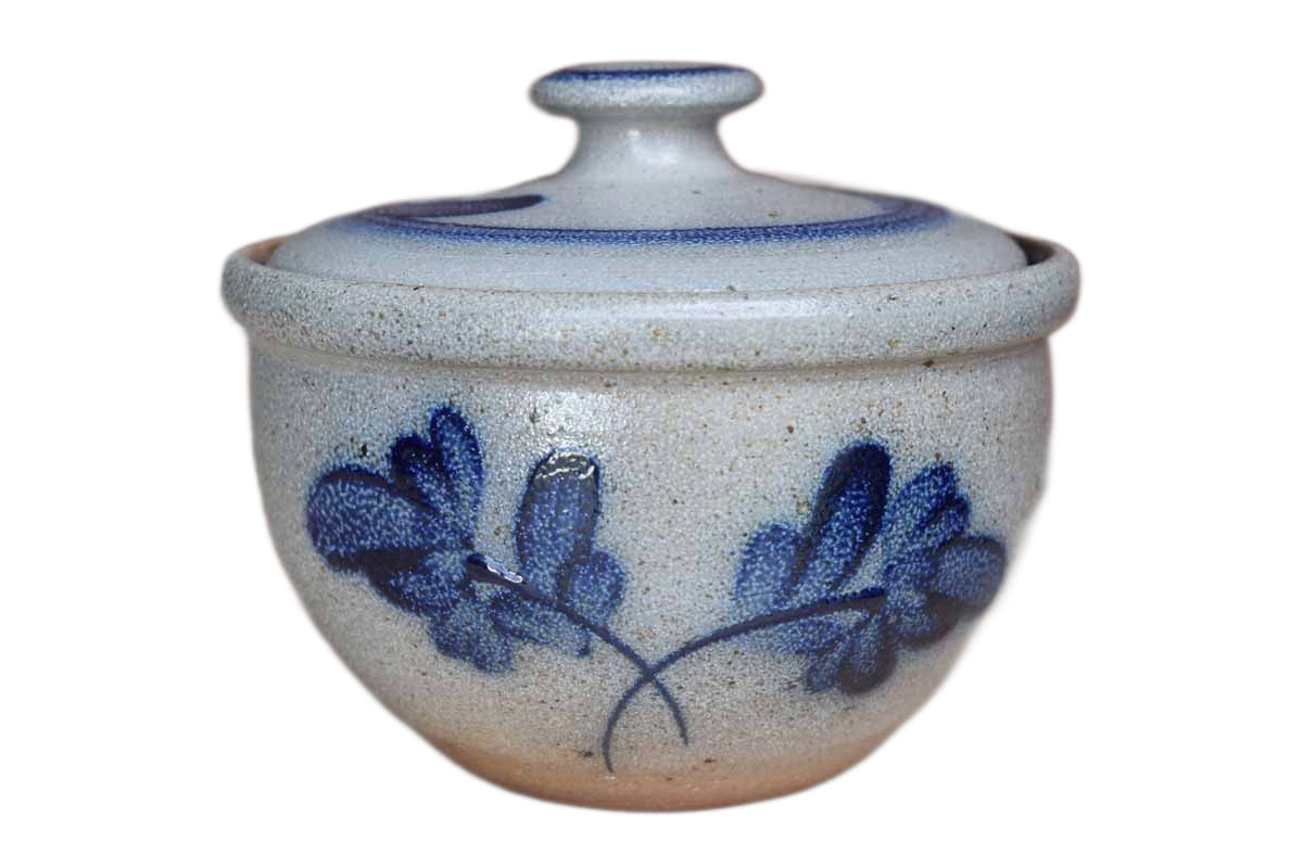 Rowe Pottery Works (Wisconsin, USA) Salt Glazed Lidded Bowl with Blue Flowers
