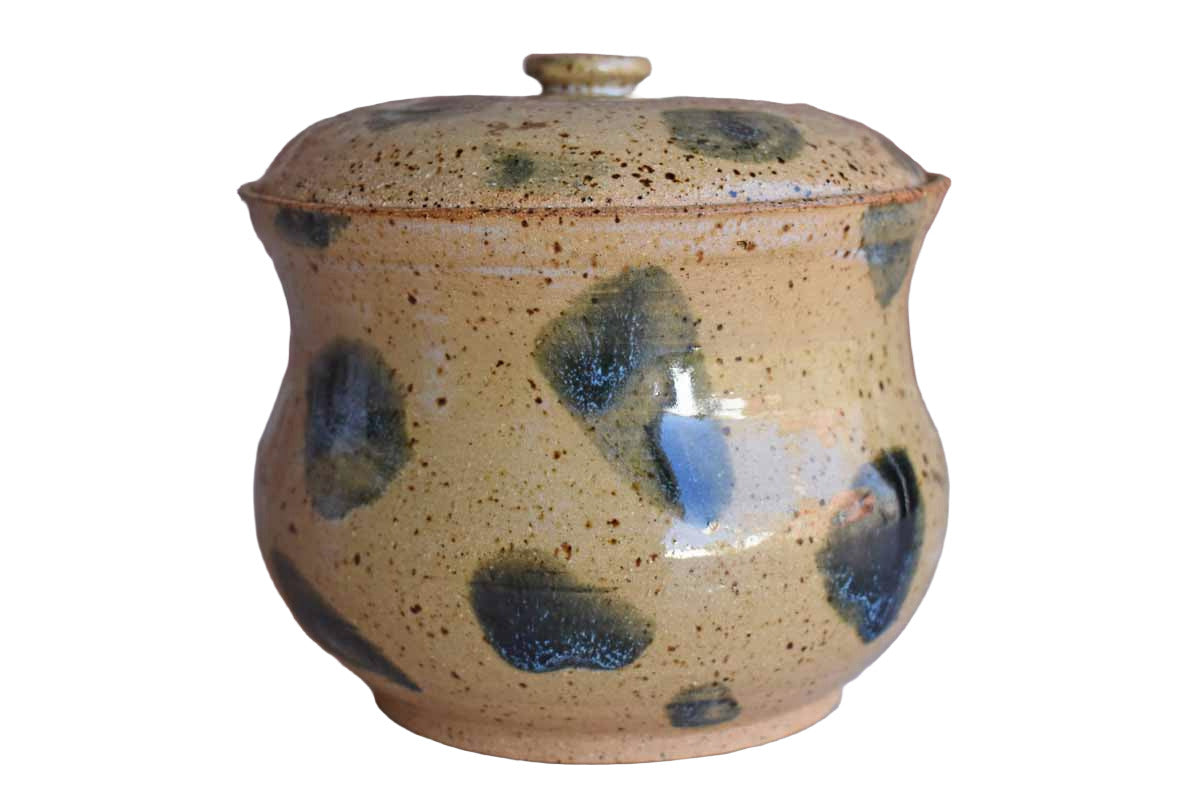 Stoneware Lidded Container with Dark Green Glaze Dabs