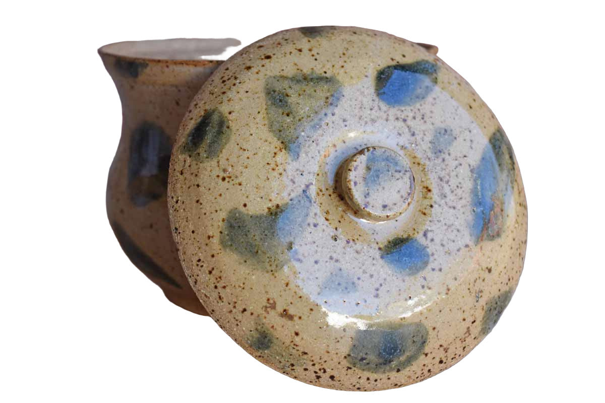Stoneware Lidded Container with Dark Green Glaze Dabs
