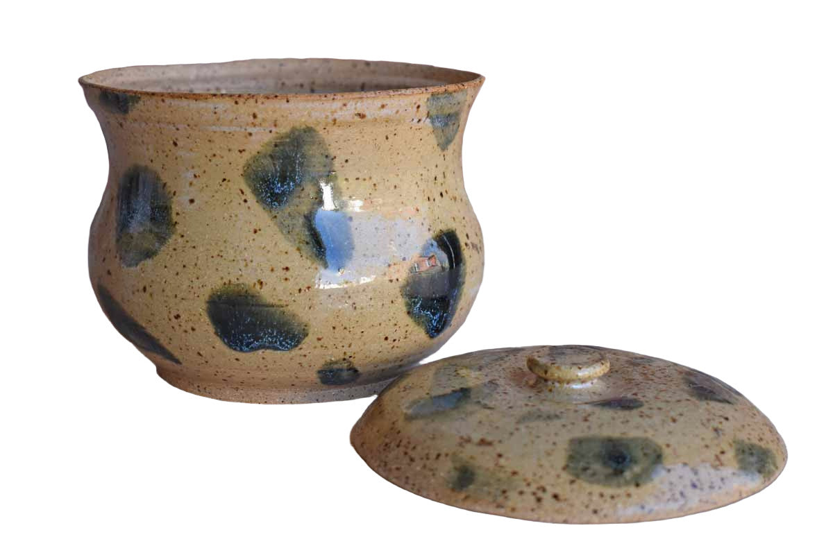 Stoneware Lidded Container with Dark Green Glaze Dabs