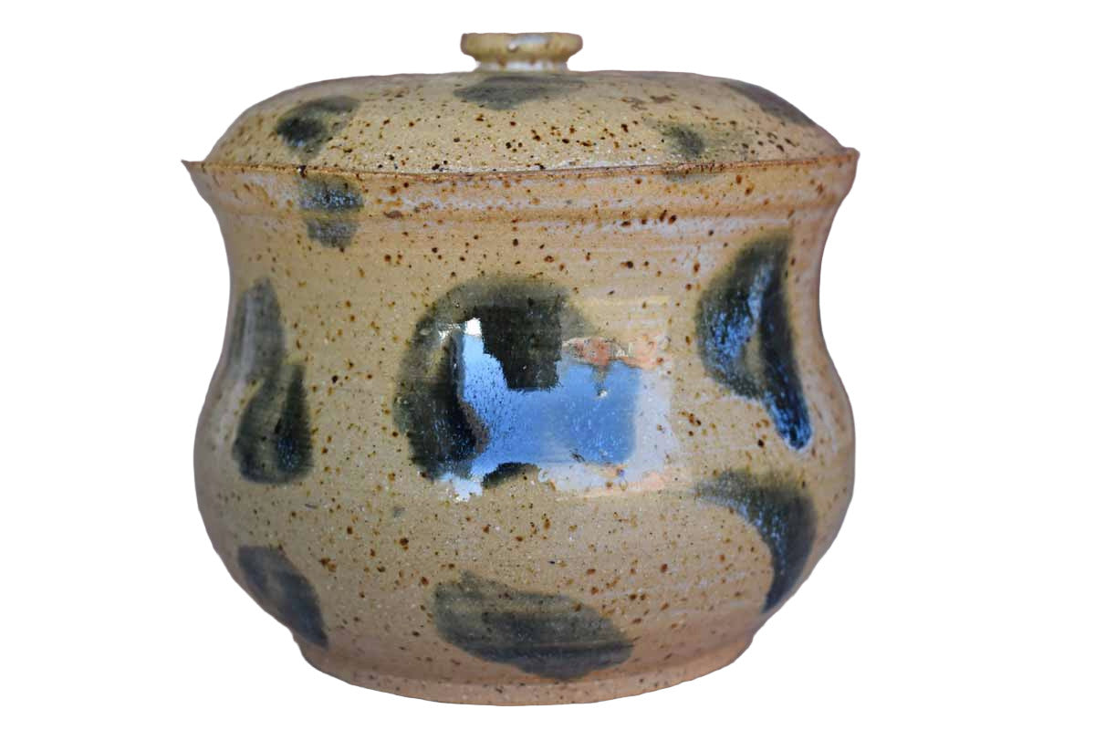 Stoneware Lidded Container with Dark Green Glaze Dabs