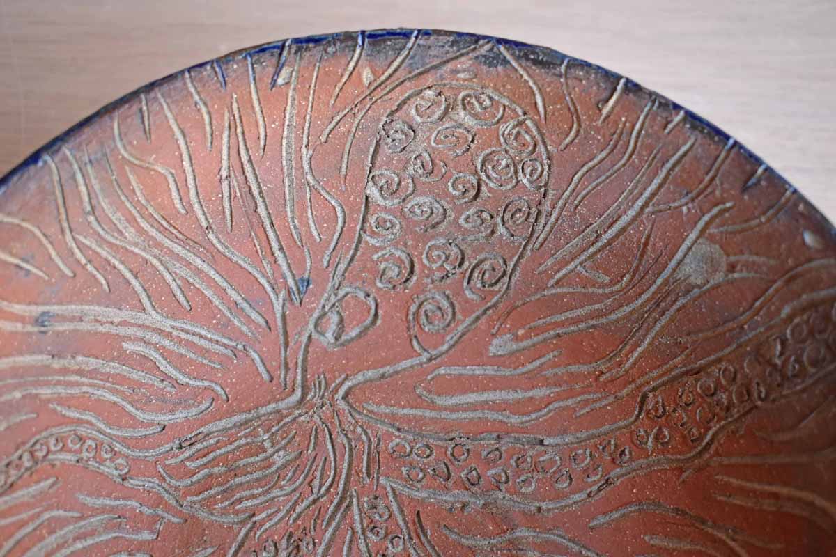 Fun Handmade Bowl with Incised Squid Decoration