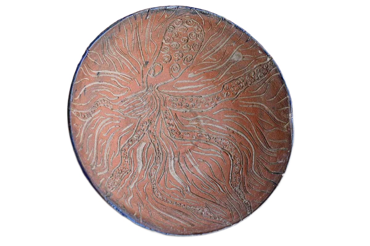 Fun Handmade Bowl with Incised Squid Decoration