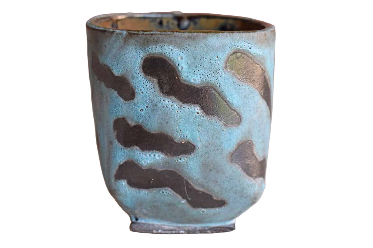 Blue Stoneware Cup with Serpentine Designs