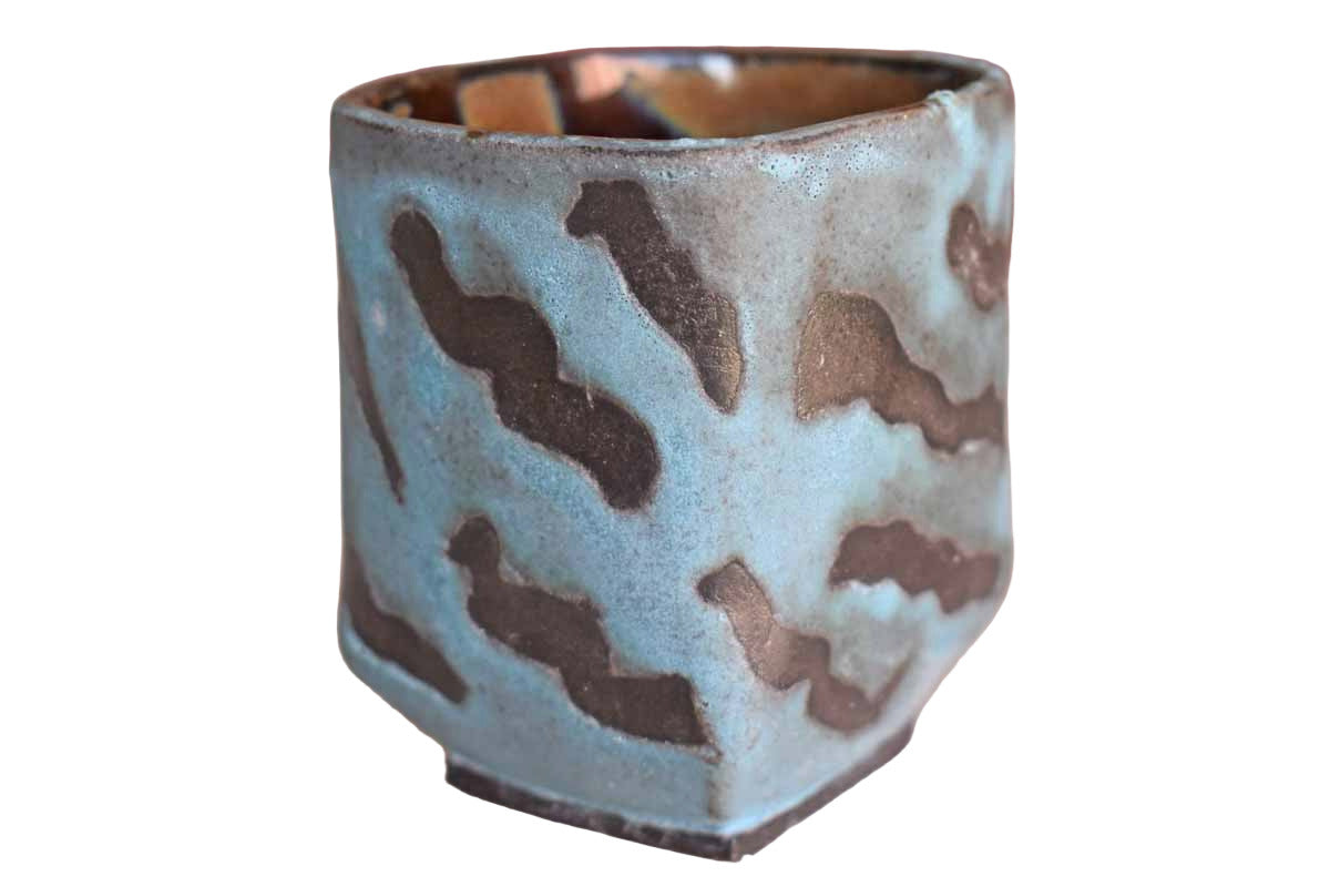 Blue Stoneware Cup with Serpentine Designs