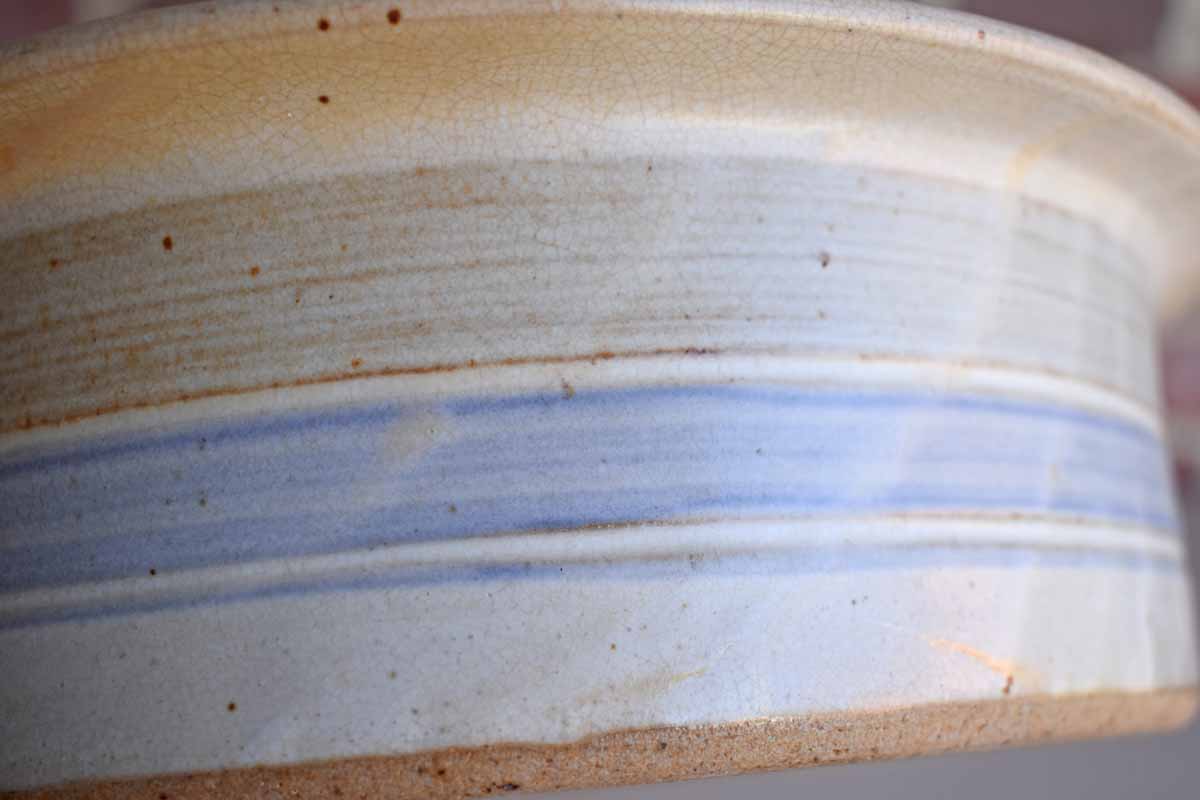 Shallow Round Stoneware Bowl with Blue and Tan Stripes
