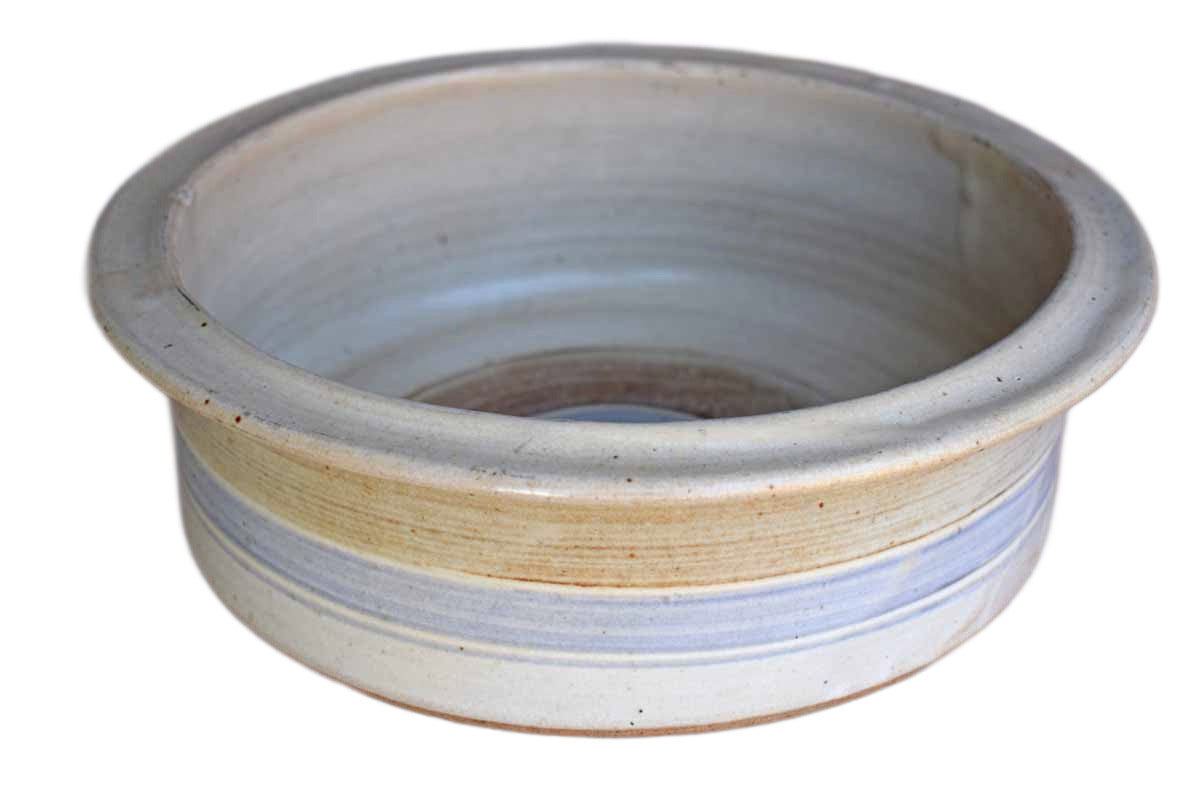 Shallow Round Stoneware Bowl with Blue and Tan Stripes