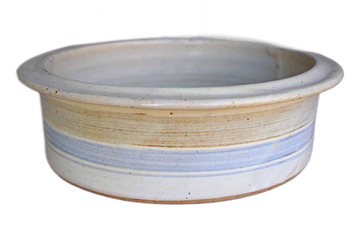 Shallow Round Stoneware Bowl with Blue and Tan Stripes