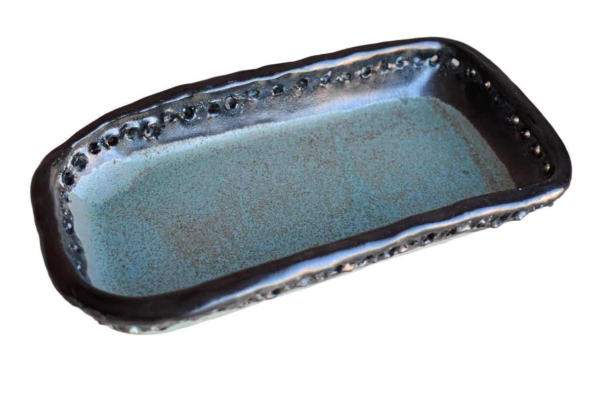 Simple black and Sea Green Handmade Stoneware Tray with Holes Around the Rim