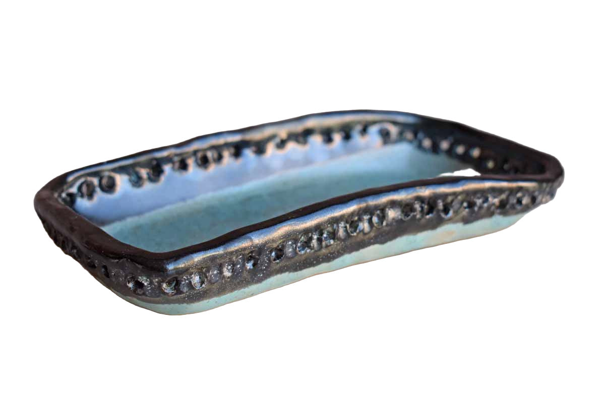 Simple black and Sea Green Handmade Stoneware Tray with Holes Around the Rim