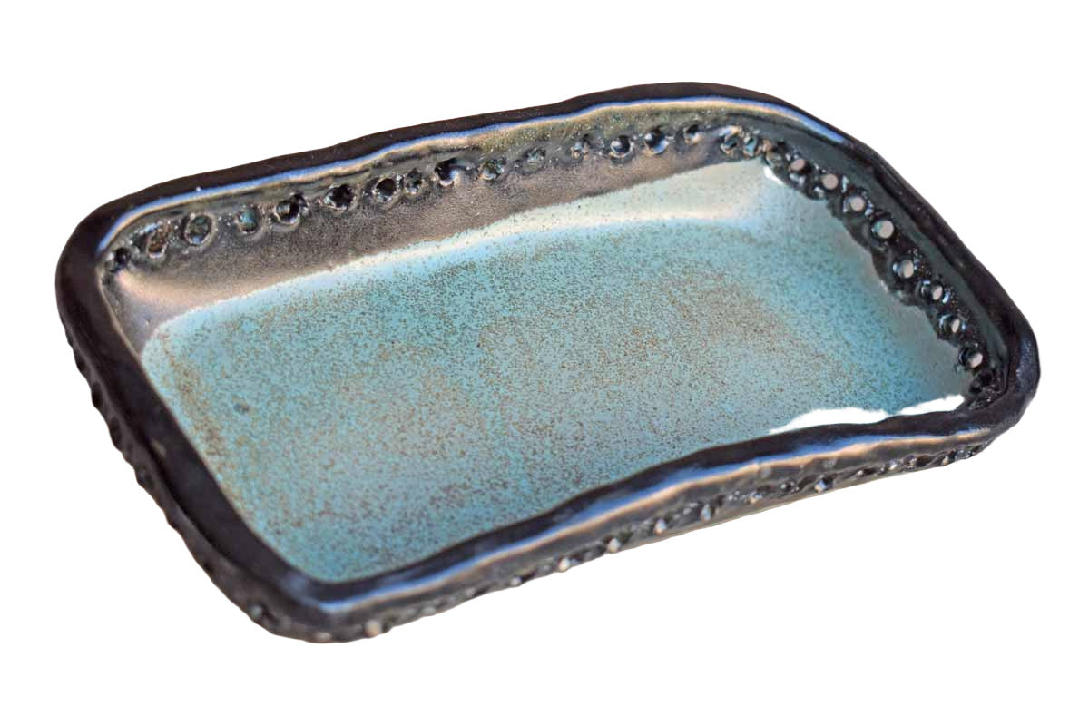 Simple black and Sea Green Handmade Stoneware Tray with Holes Around the Rim