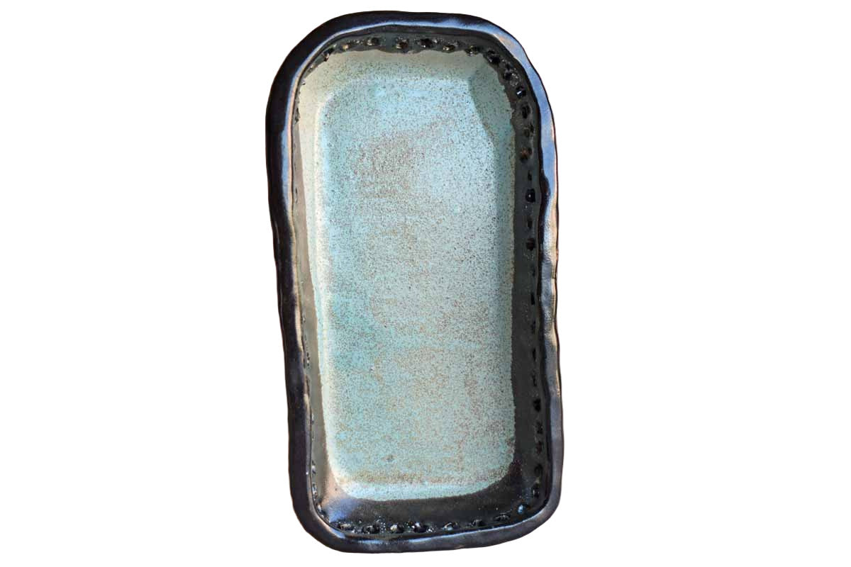 Simple black and Sea Green Handmade Stoneware Tray with Holes Around the Rim