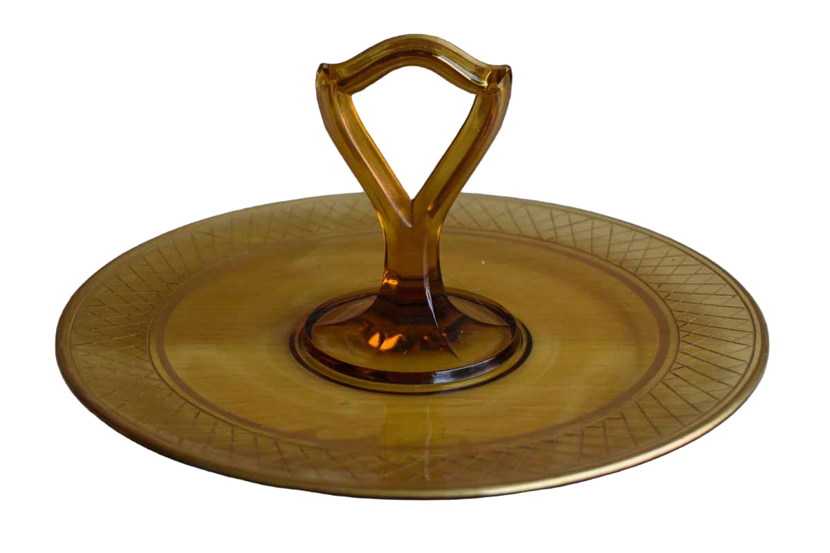 Light Amber Glass Tidbit Tray with Etched Lattice Pattern