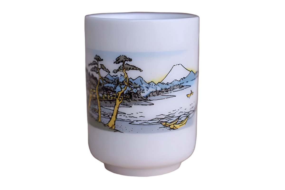 Tiny Porcelain Cup with Mountain and Boat Scene