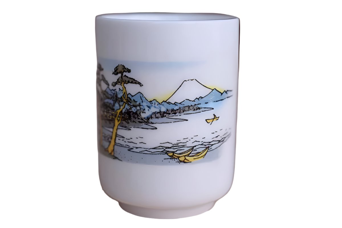 Tiny Porcelain Cup with Mountain and Boat Scene