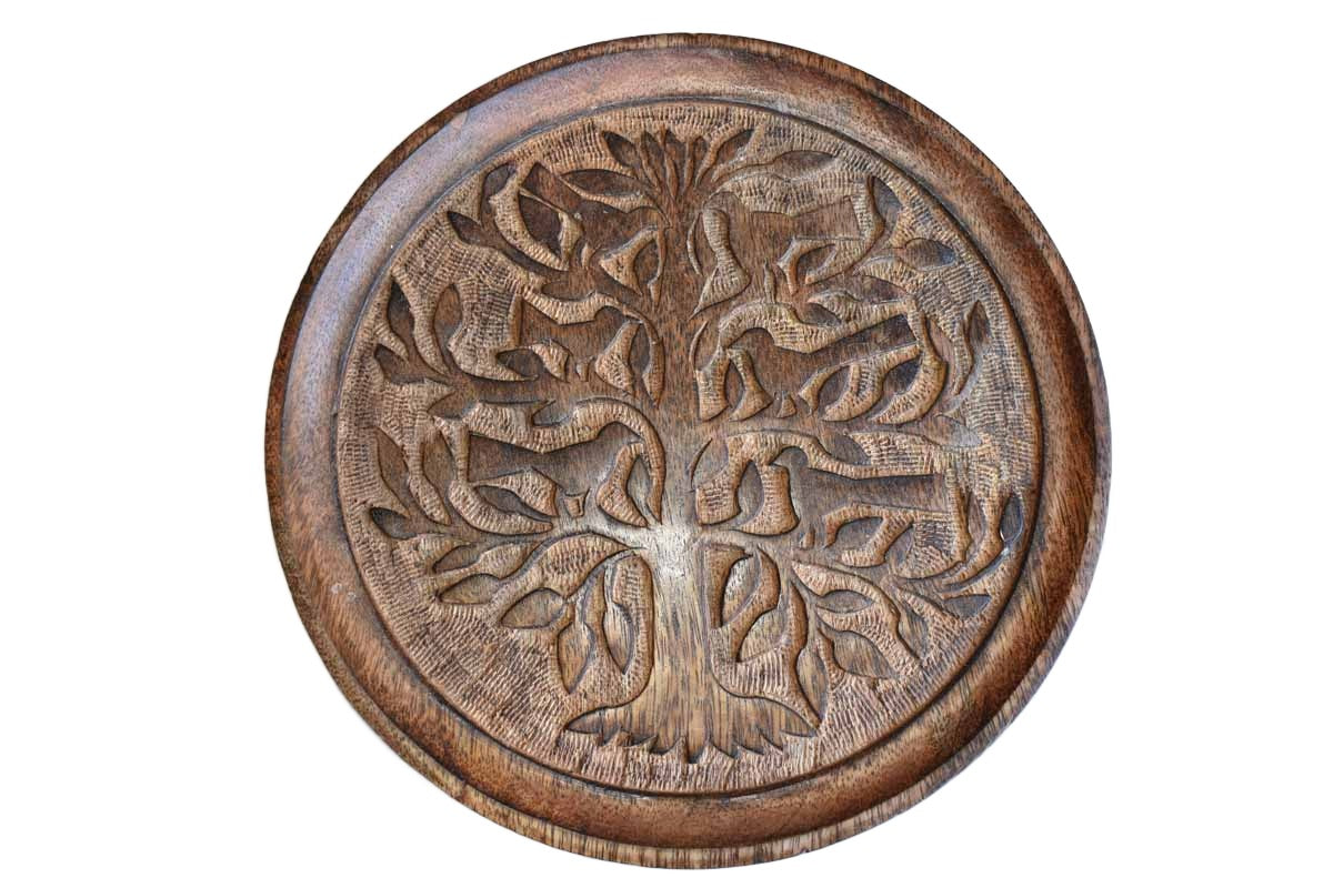 Wood Dish Carved with Birds in a Tree