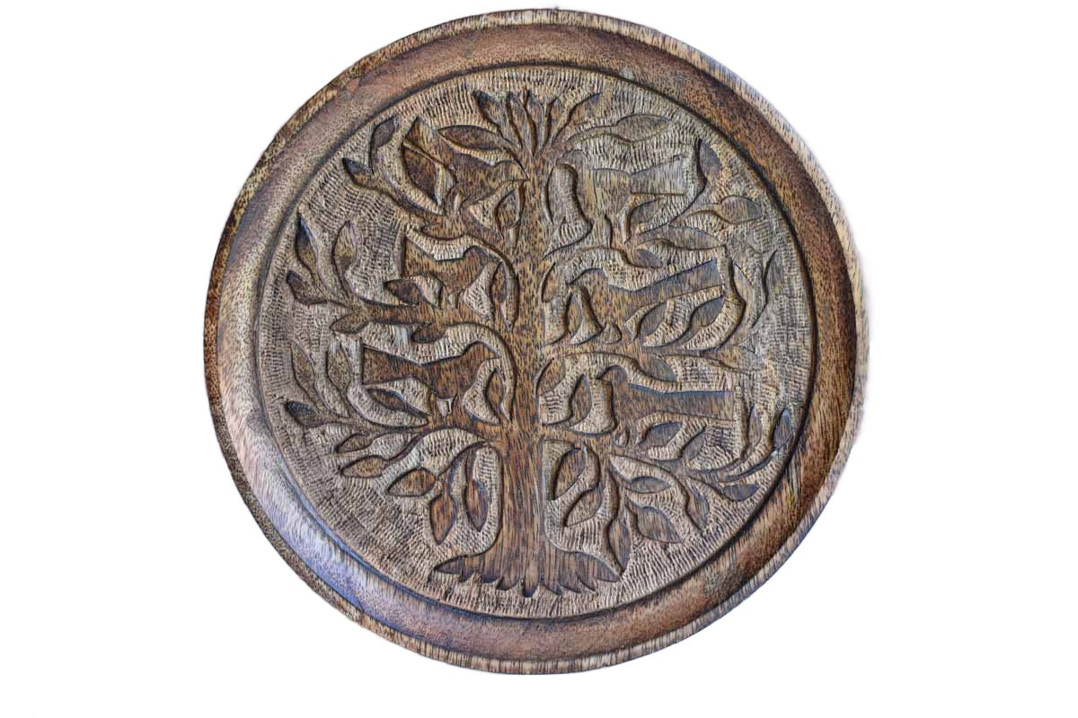 Wood Dish Carved with Birds in a Tree