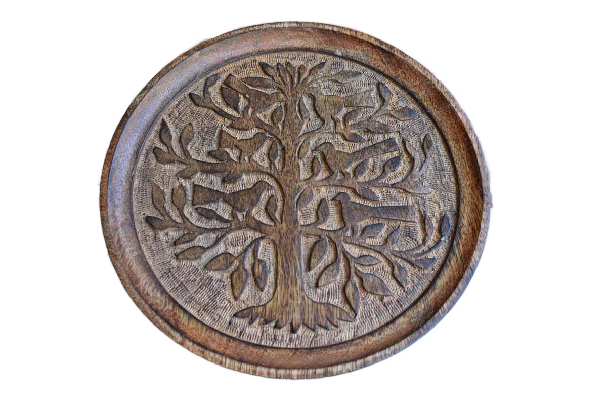Wood Dish Carved with Birds in a Tree