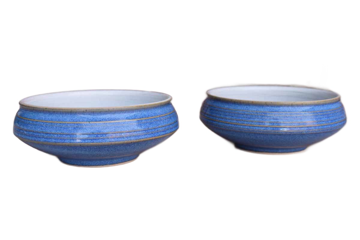 Multipurpose Blue Ceramic Shallow Bowls, A Pair