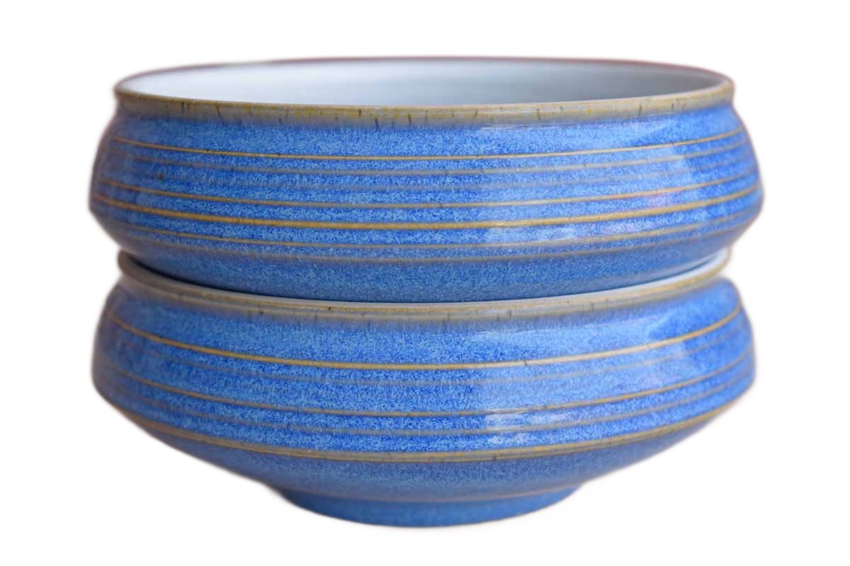 Multipurpose Blue Ceramic Shallow Bowls, A Pair