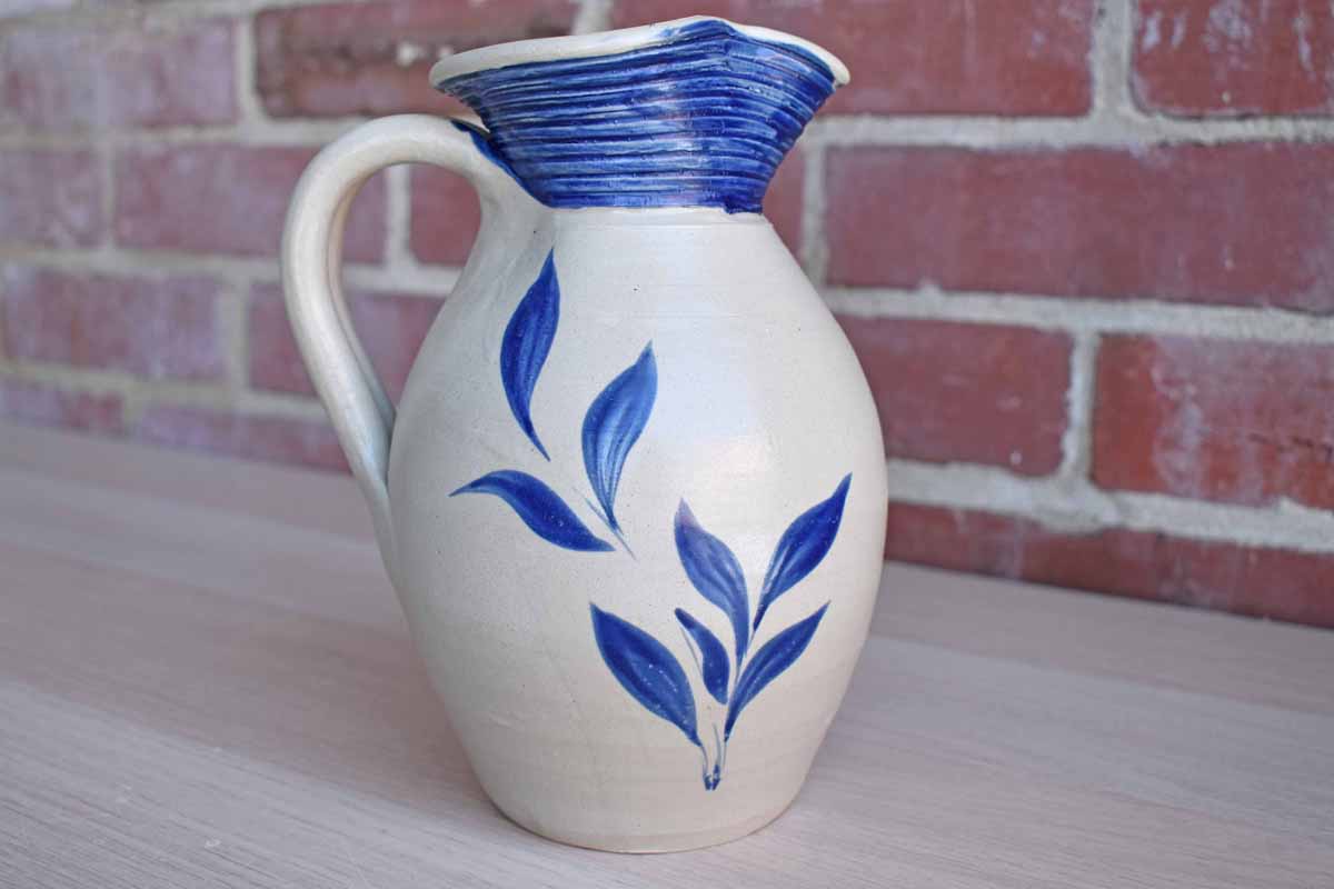 Williamsburg Pottery (Virginia, USA) Salt Glazed Pitcher with Blue Leaves
