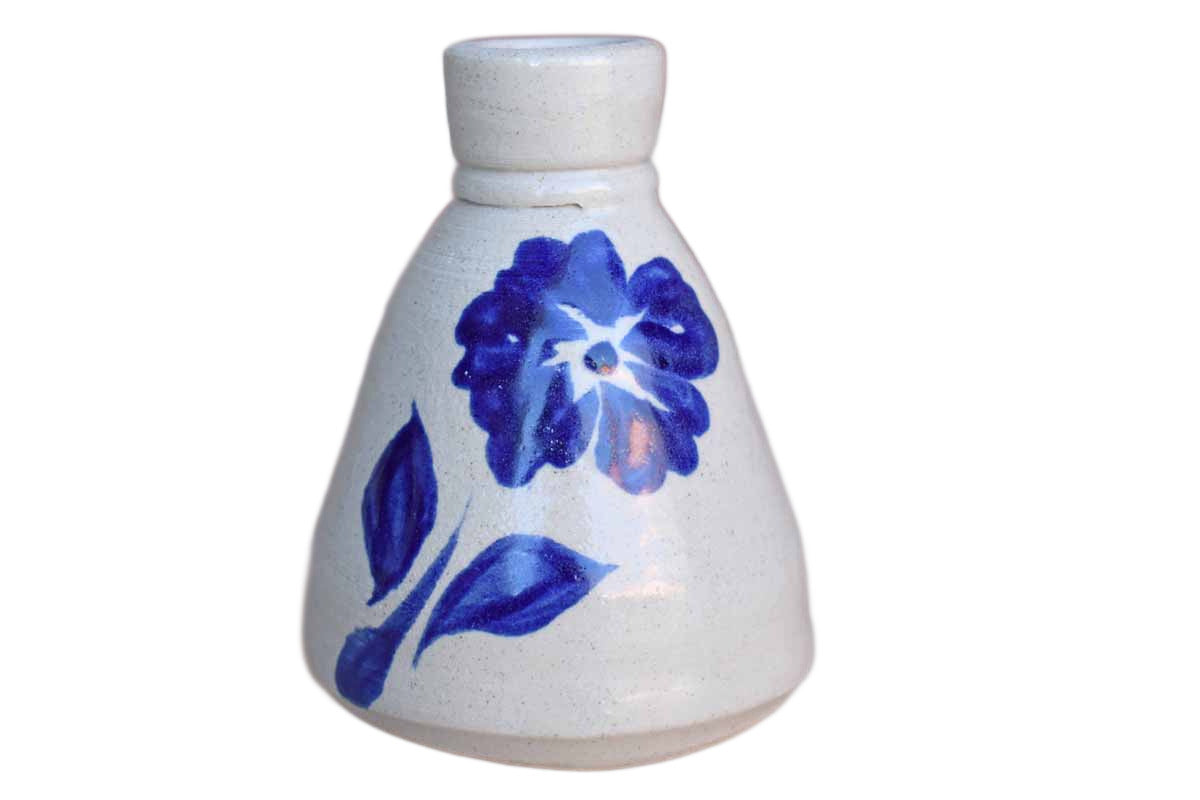 Williamsburg Pottery (Virginia, USA) Small Salt Glazed Stoneware Bud Vase with Blue Flower