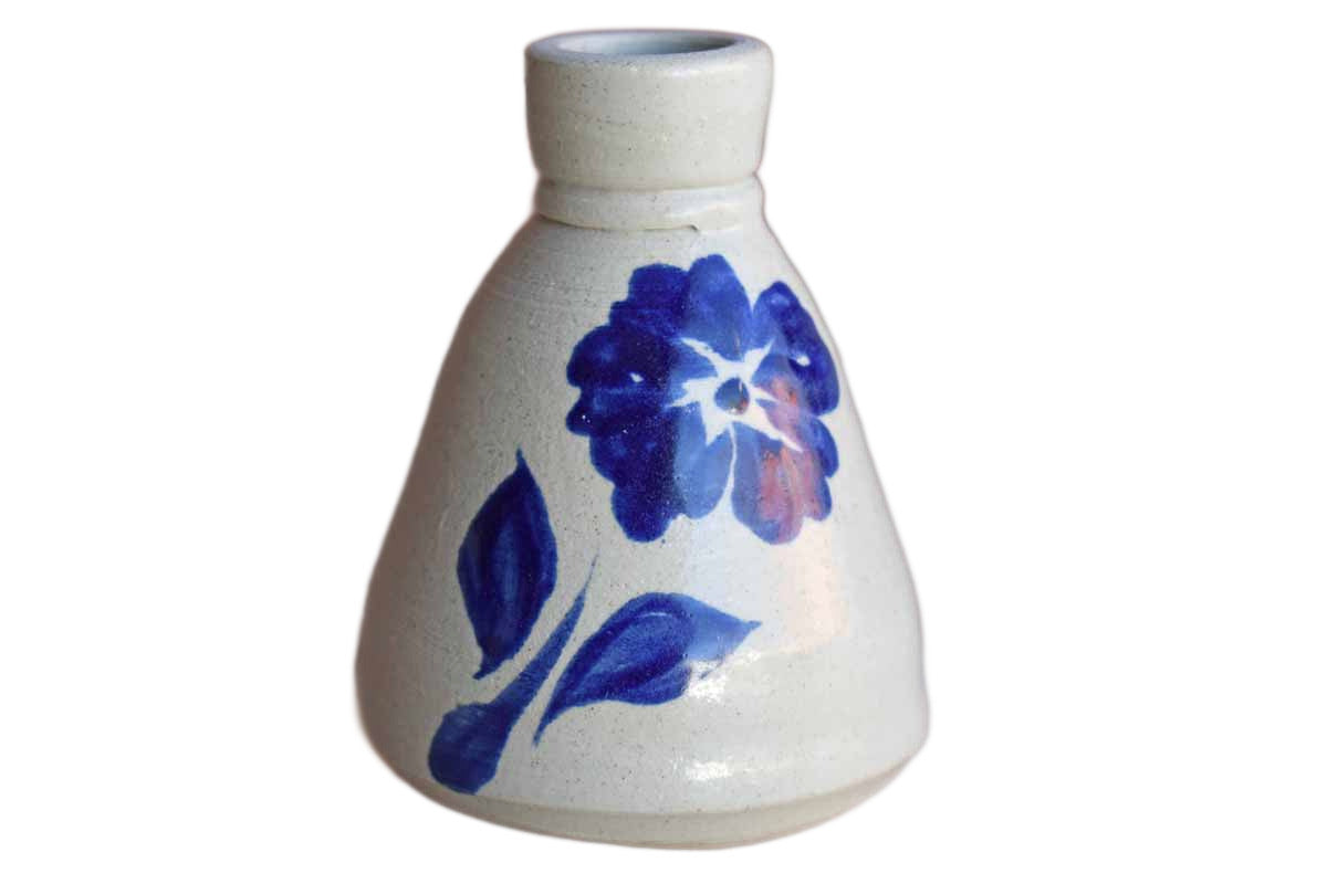 Williamsburg Pottery (Virginia, USA) Small Salt Glazed Stoneware Bud Vase with Blue Flower