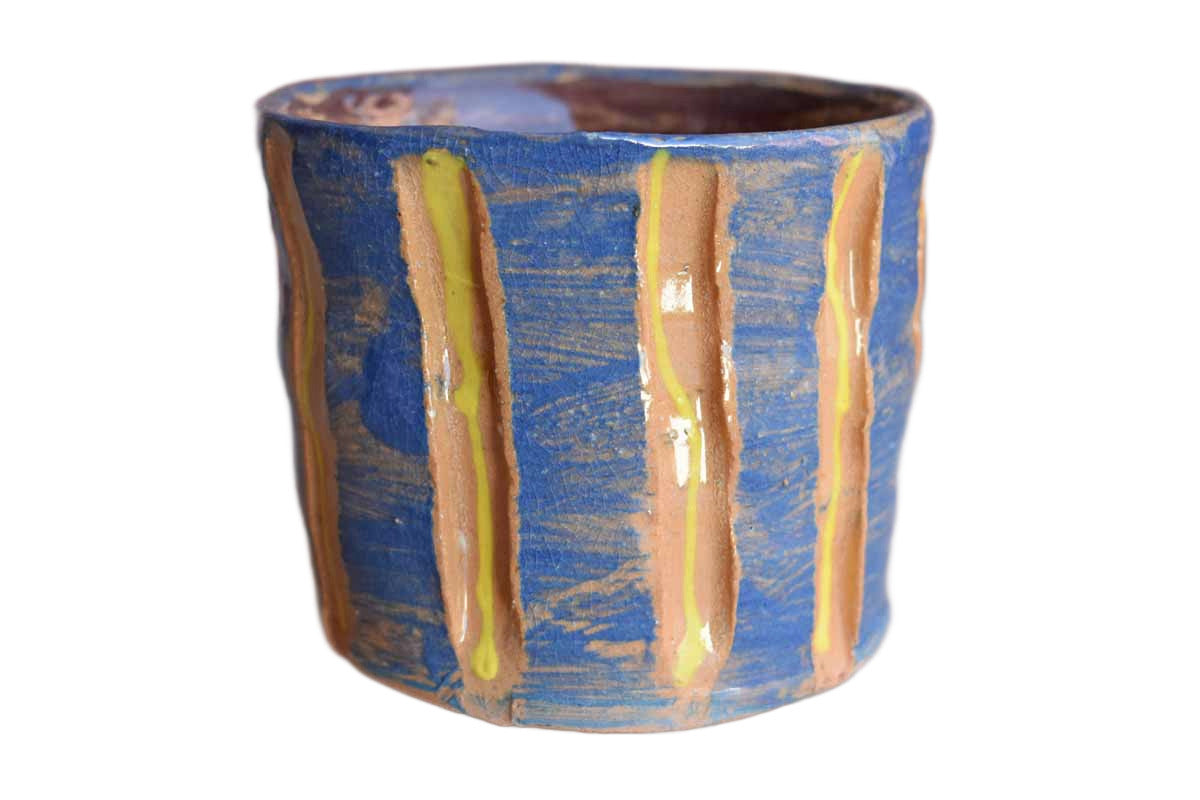 Blue and Yellow Striped Quirky Stoneware Planter