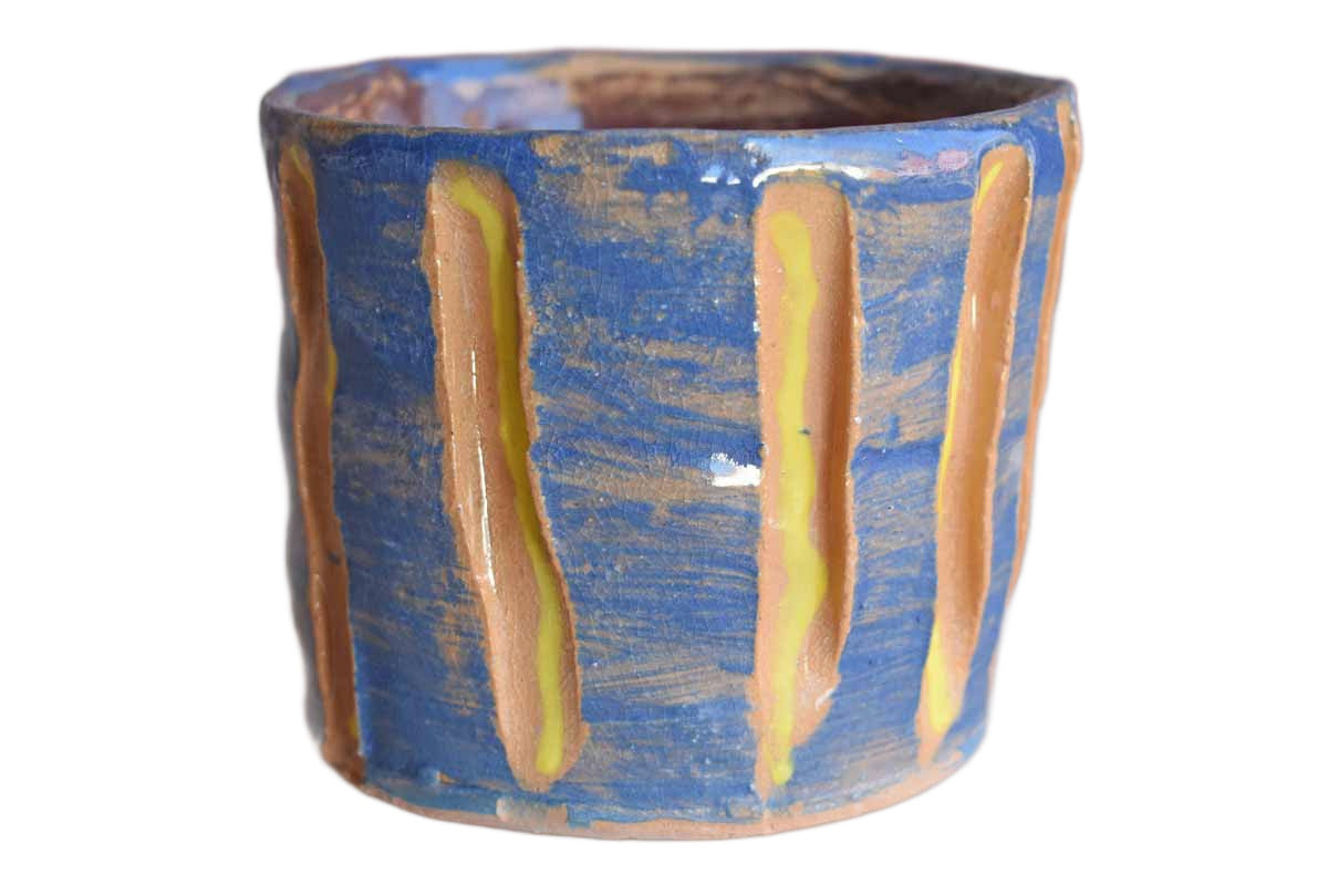 Blue and Yellow Striped Quirky Stoneware Planter