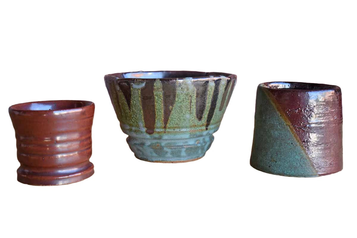 Deep Red, Green and Blue Stoneware Cups and Planter