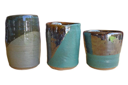 Set of Three Handmade Stoneware Cups with Green and Brown Glazes