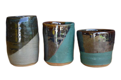 Set of Three Handmade Stoneware Cups with Green and Brown Glazes